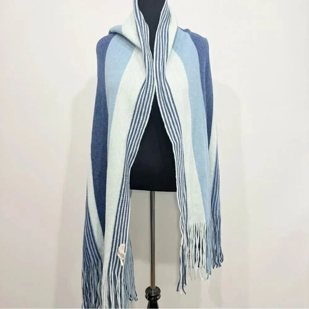 Free People Color Block Blue Stripe Oversized Fringed Edge Scarf Shawl Wrap